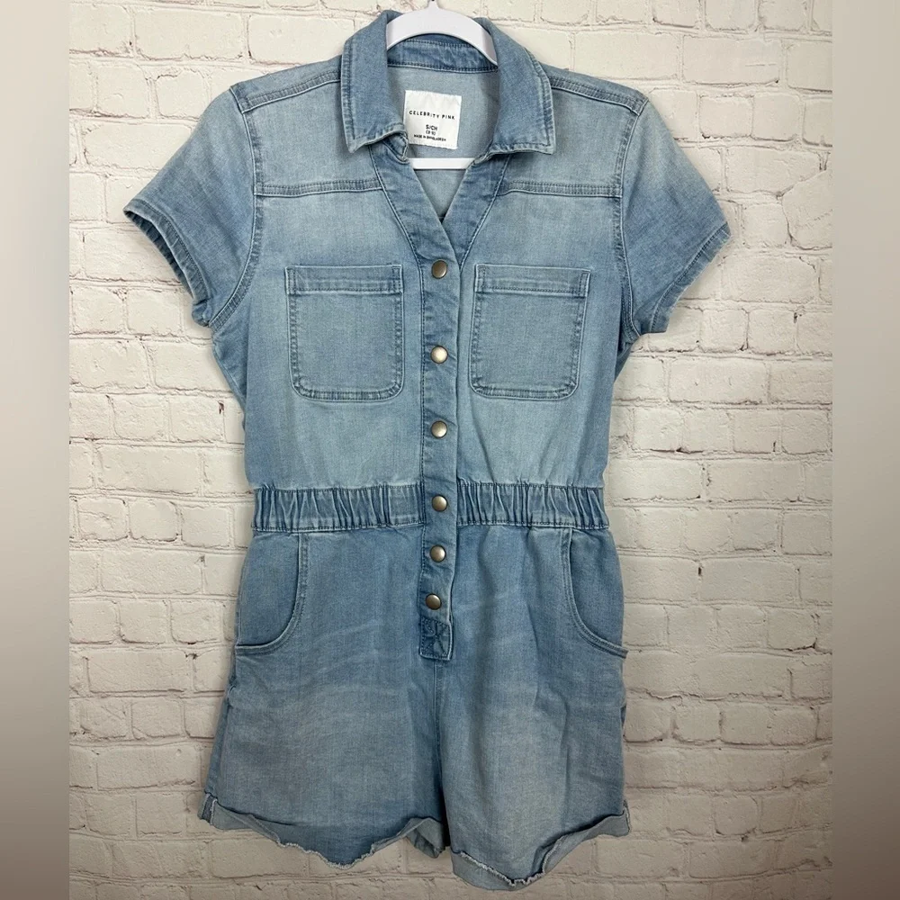 Celebrity Pink Denim Romper Jumpsuit 80's Retro Jean One Piece‎ Sz S Festival